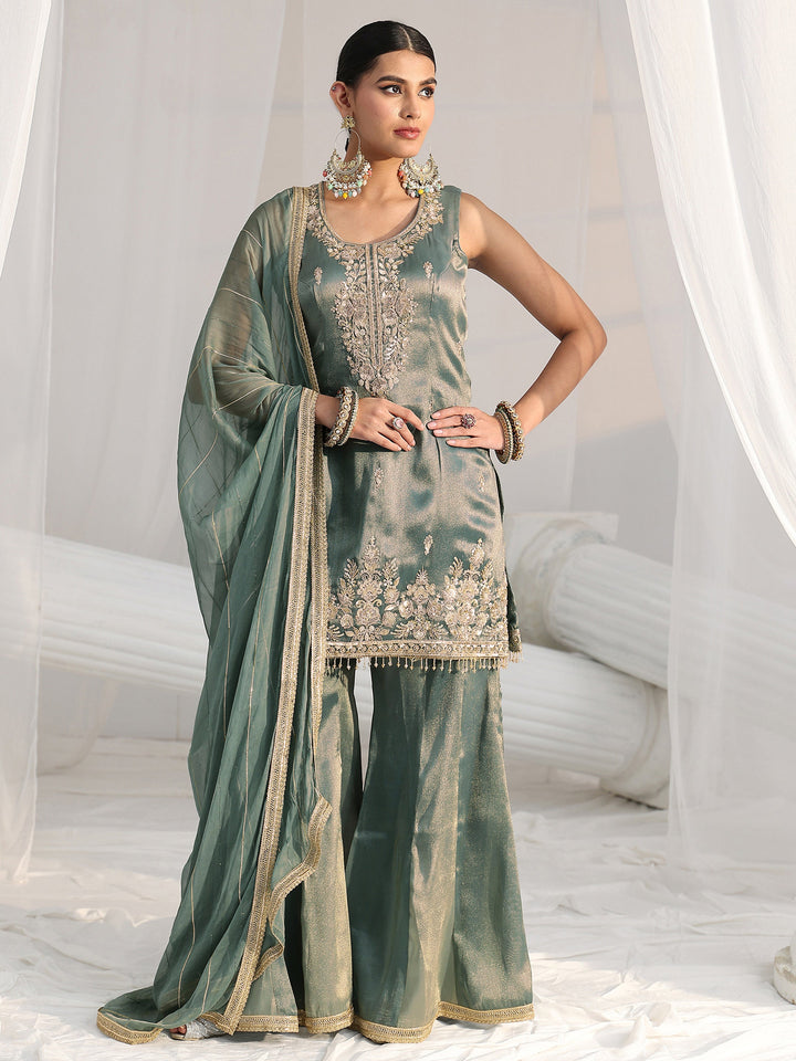 Libas Art Blue Floral Embellished Sleeveless Tissue Sharara Suit Set