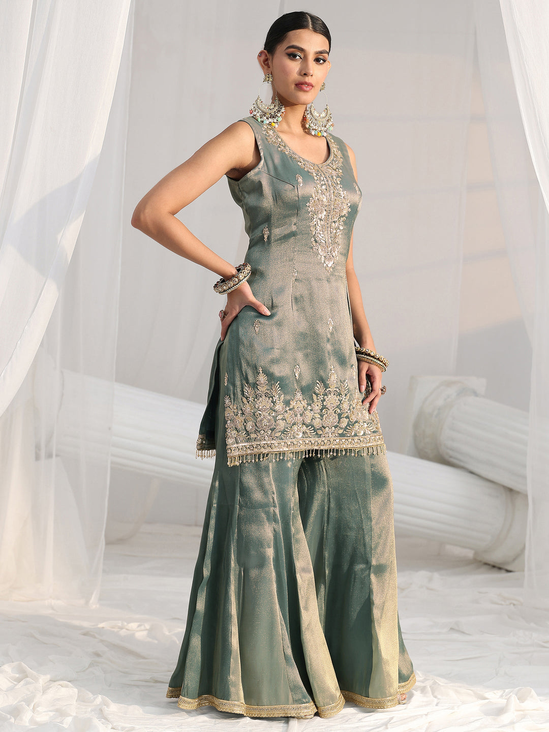 Libas Art Blue Floral Embellished Sleeveless Tissue Sharara Suit Set
