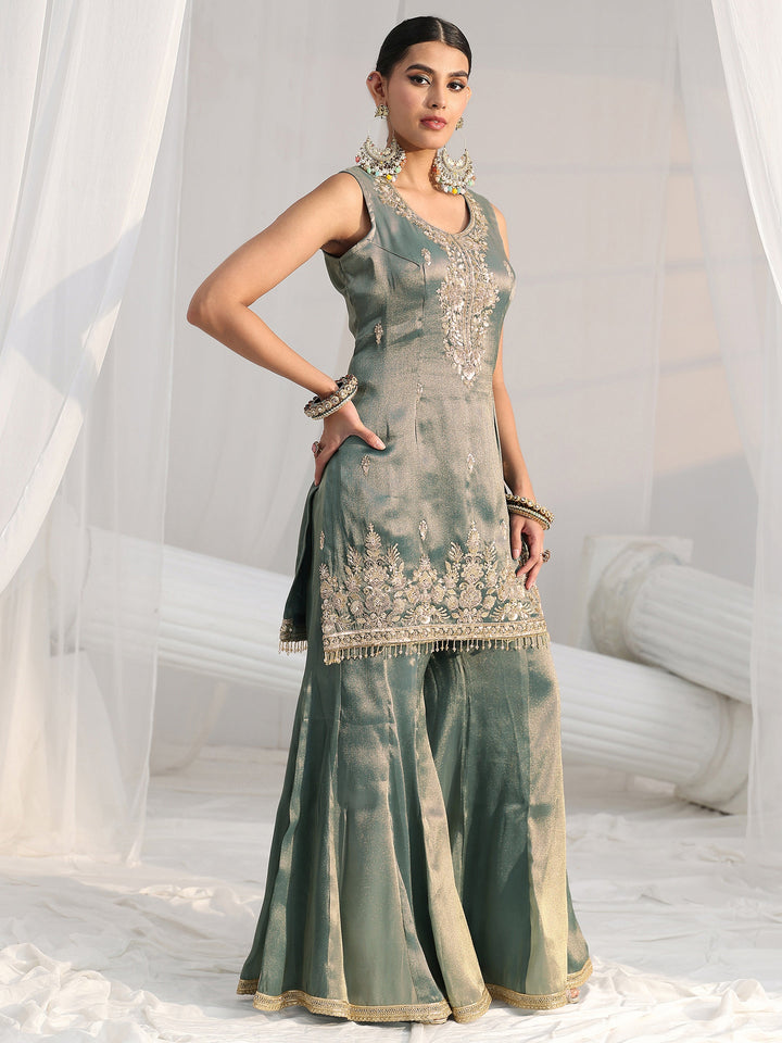 Libas Art Blue Floral Embellished Sleeveless Tissue Sharara Suit Set