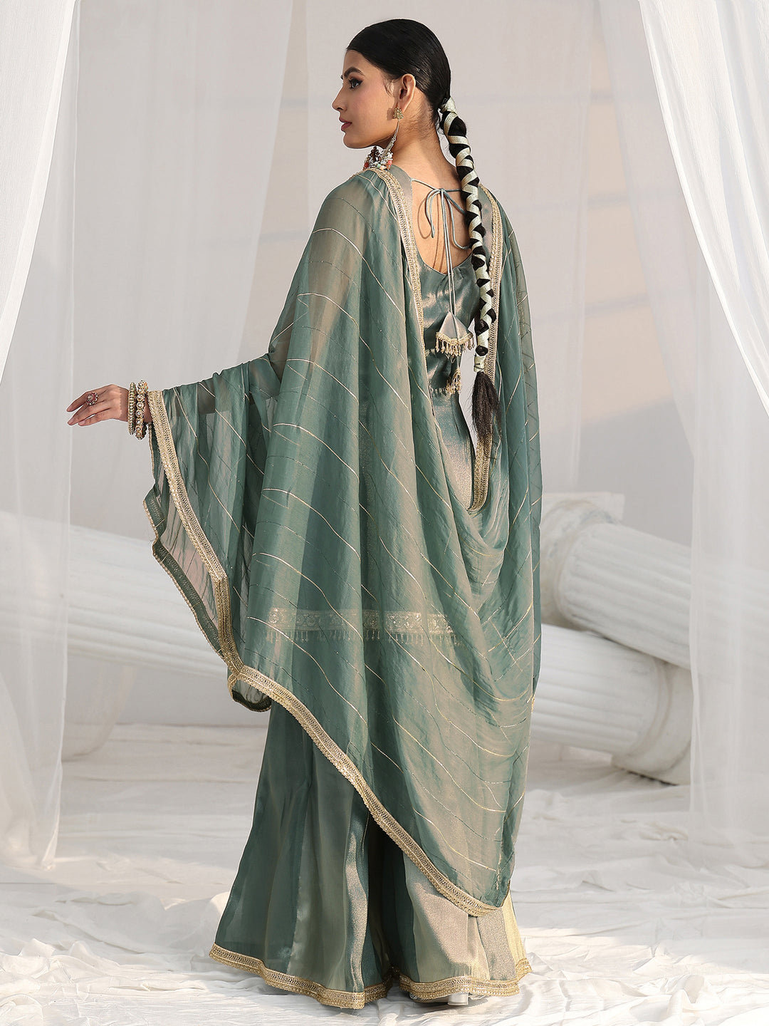 Libas Art Blue Floral Embellished Sleeveless Tissue Sharara Suit Set