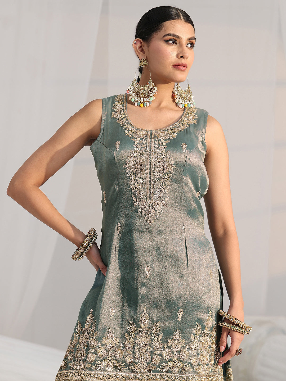 Libas Art Blue Floral Embellished Sleeveless Tissue Sharara Suit Set