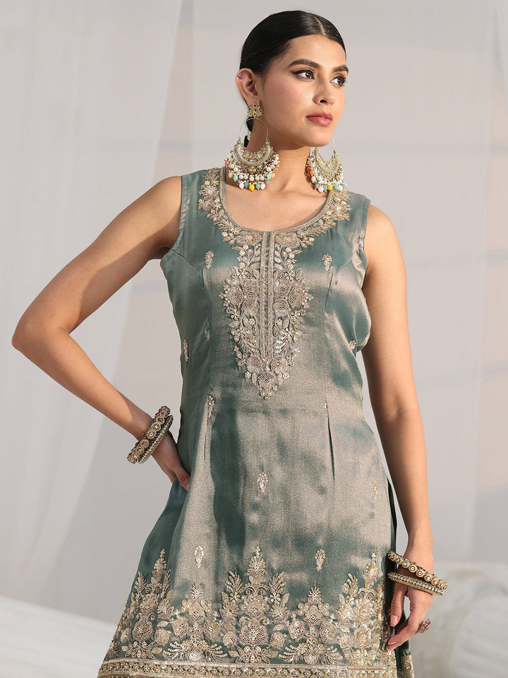 Libas Art Blue Floral Embellished Sleeveless Tissue Sharara Suit Set