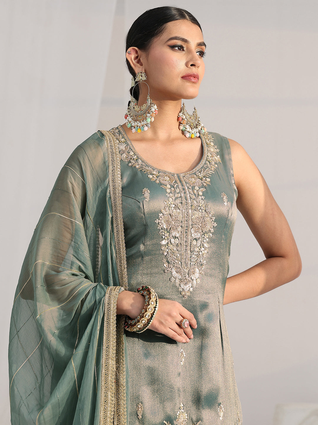 Libas Art Blue Floral Embellished Sleeveless Tissue Sharara Suit Set