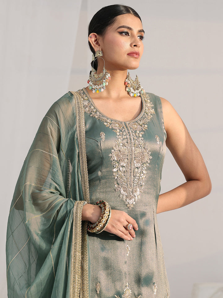 Libas Art Blue Floral Embellished Sleeveless Tissue Sharara Suit Set
