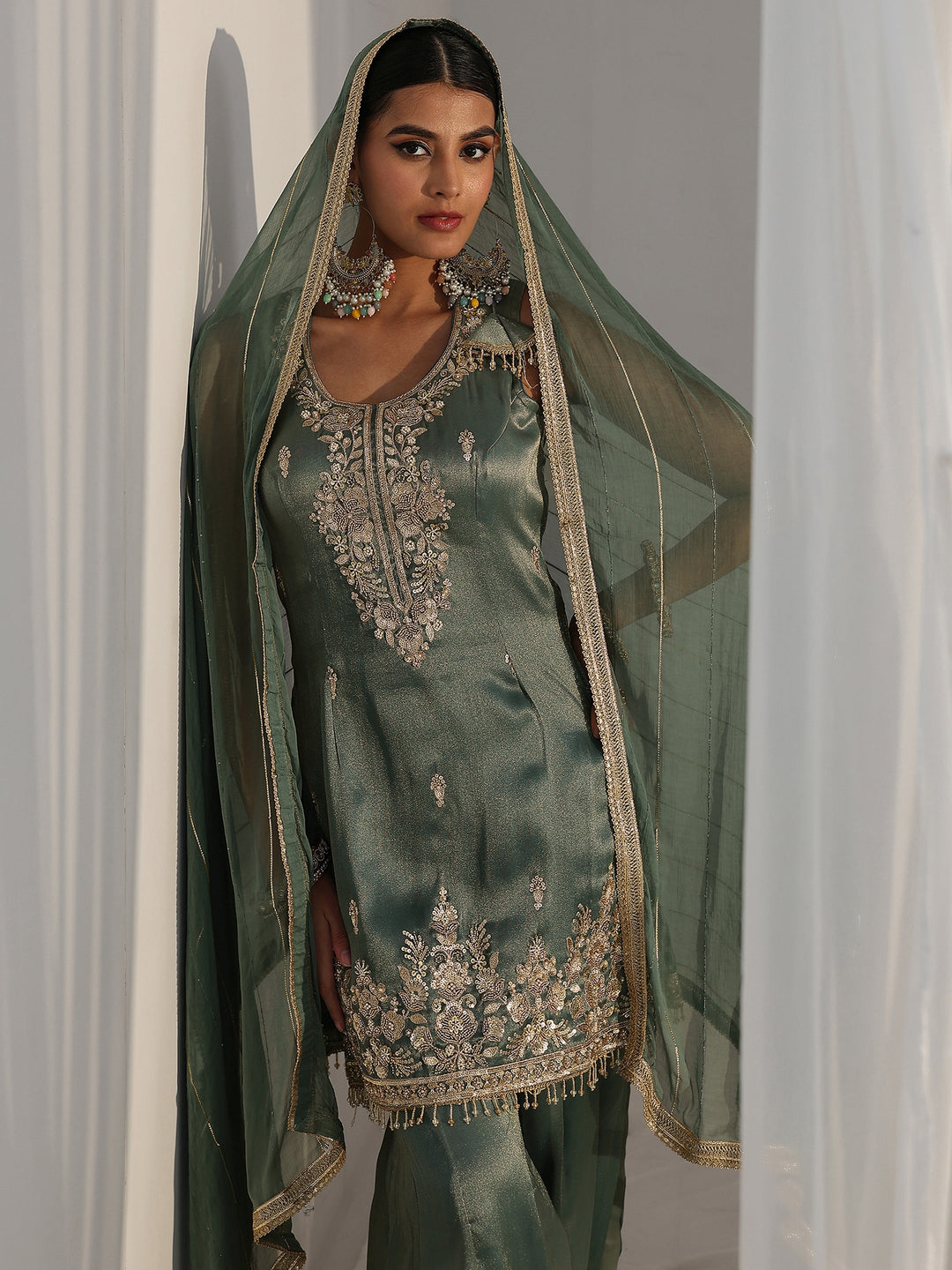 Libas Art Blue Floral Embellished Sleeveless Tissue Sharara Suit Set