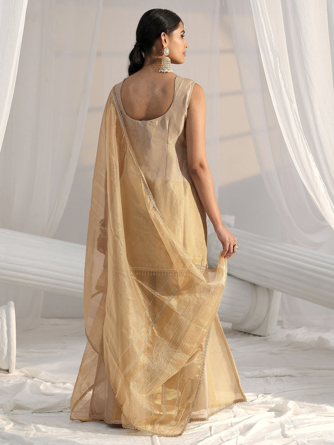 Libas Art Golden Floral Embellished Sleeveless Tissue Sharara Suit Set