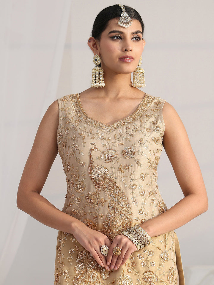 Libas Art Golden Floral Embellished Sleeveless Tissue Sharara Suit Set