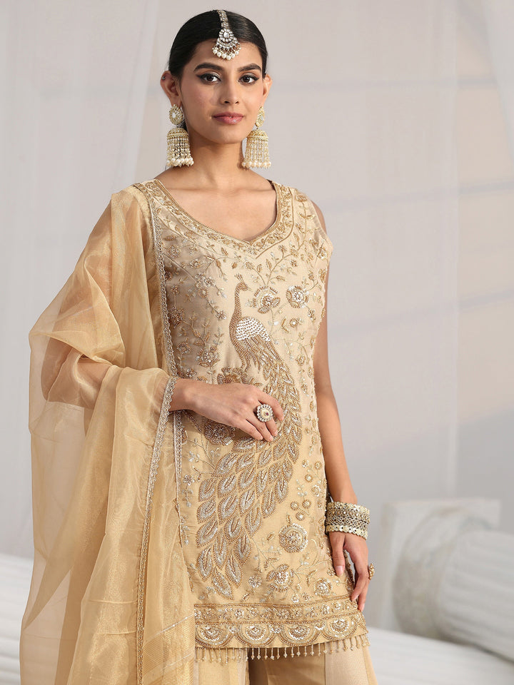 Libas Art Golden Floral Embellished Sleeveless Tissue Sharara Suit Set