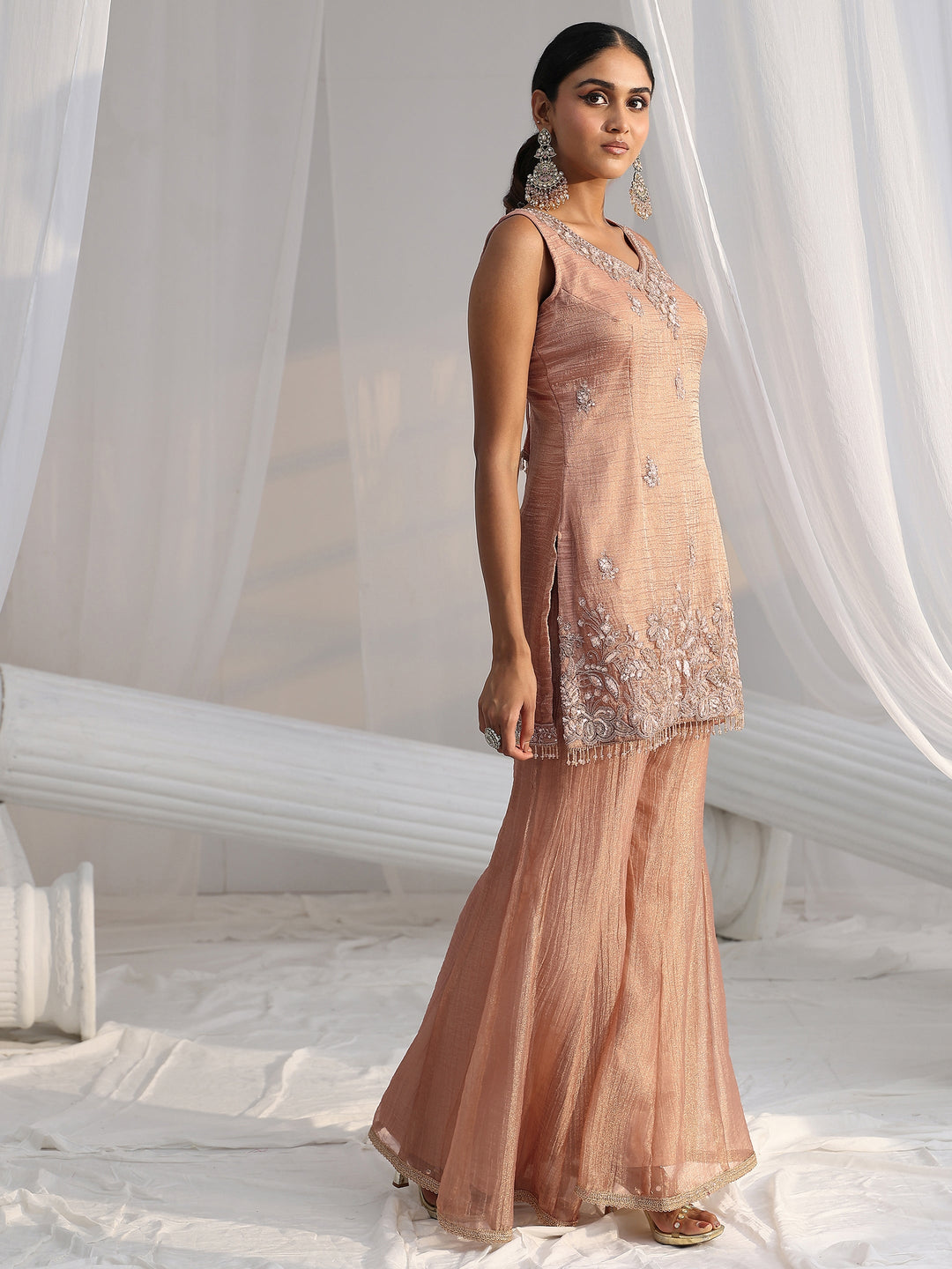 Libas Art Peach Floral Embellished Sleeveless Tissue Sharara Suit Set
