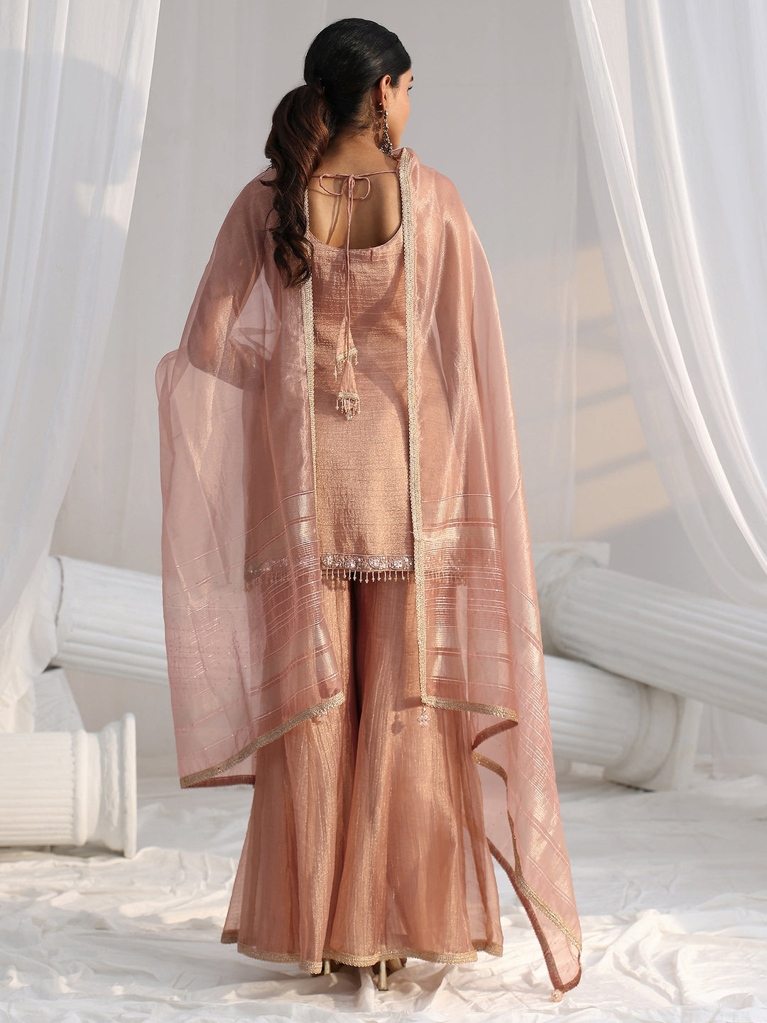 Libas Art Peach Floral Embellished Sleeveless Tissue Sharara Suit Set