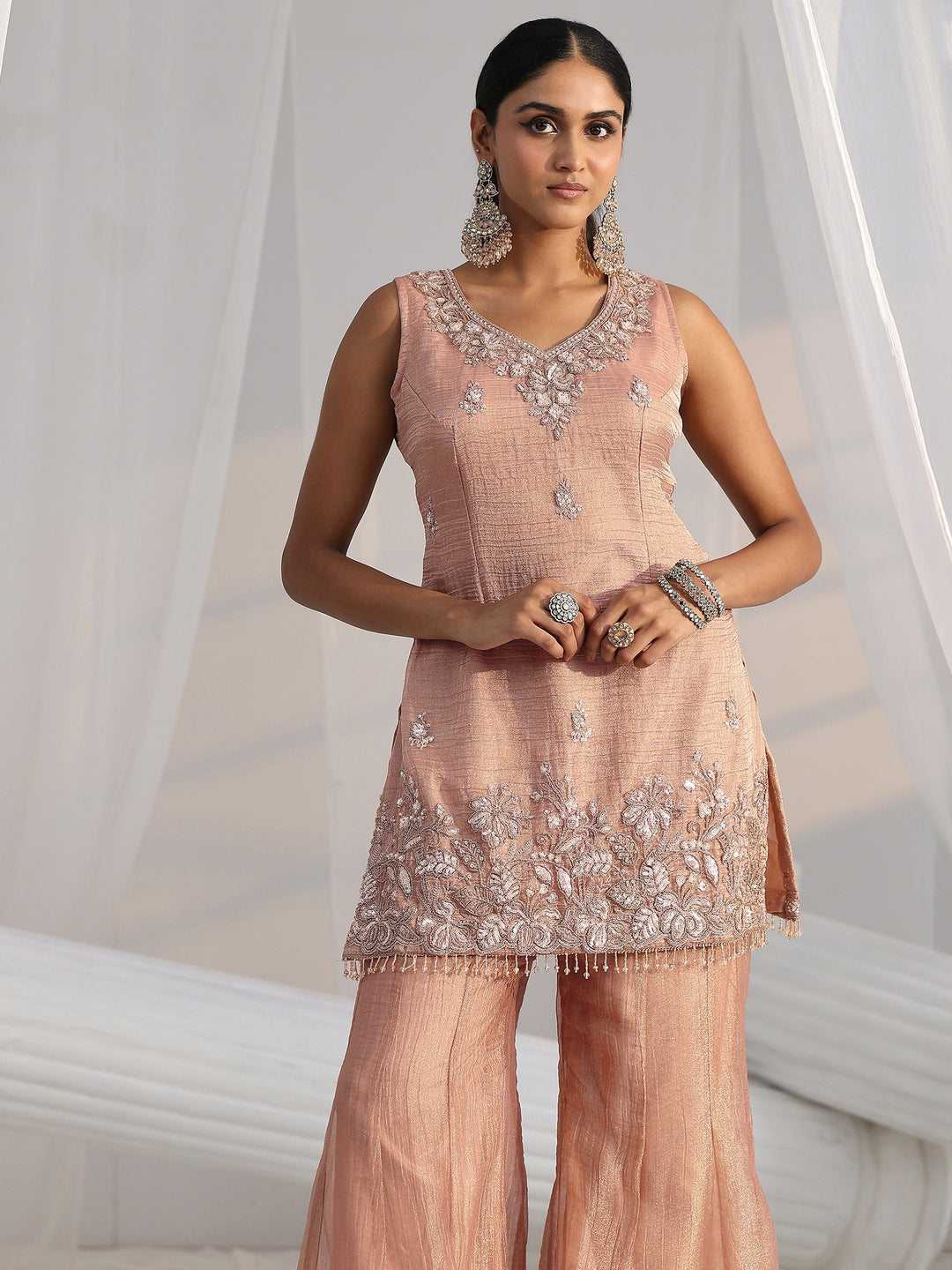 Libas Art Peach Floral Embellished Sleeveless Tissue Sharara Suit Set