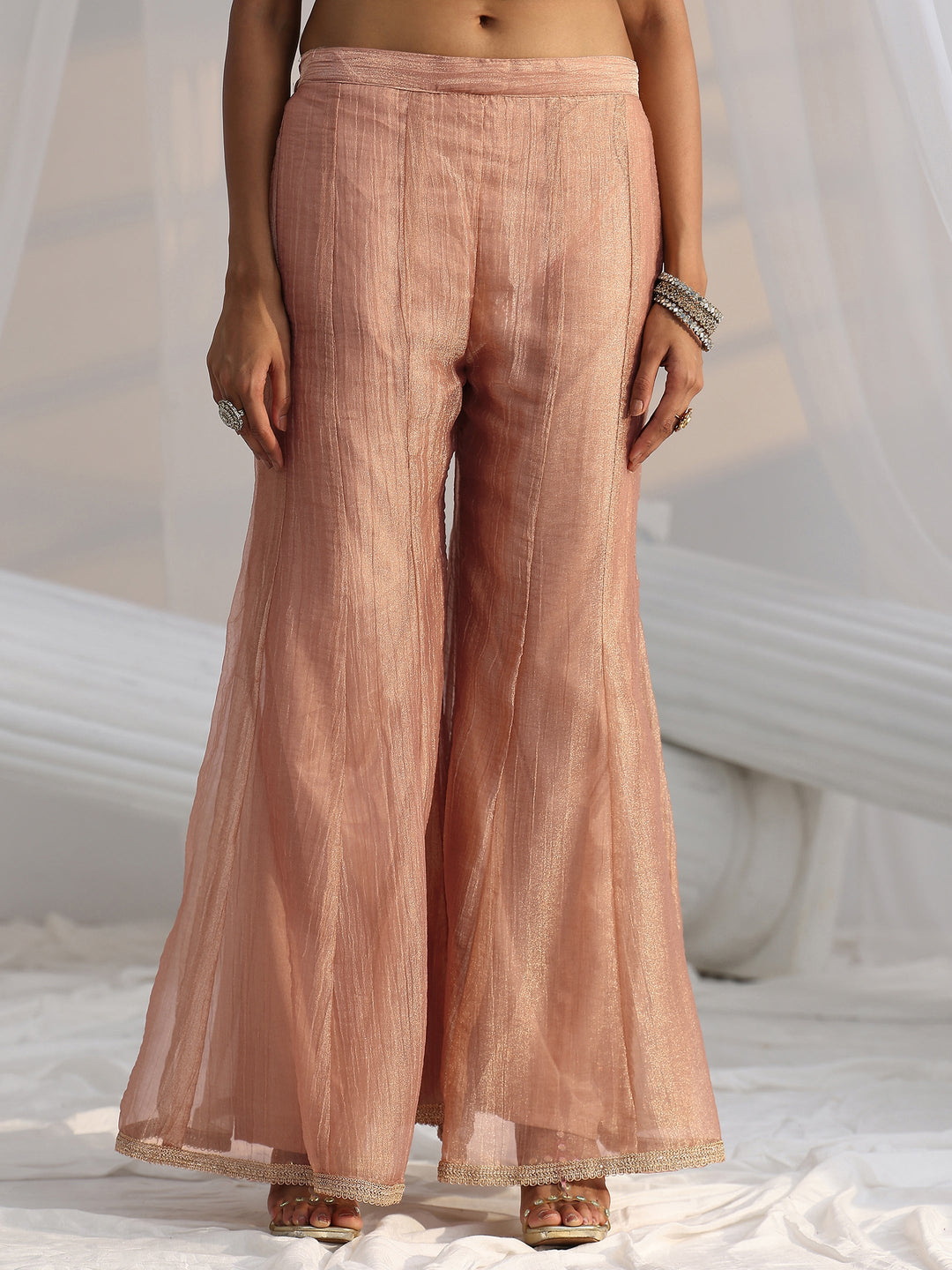 Libas Art Peach Floral Embellished Sleeveless Tissue Sharara Suit Set