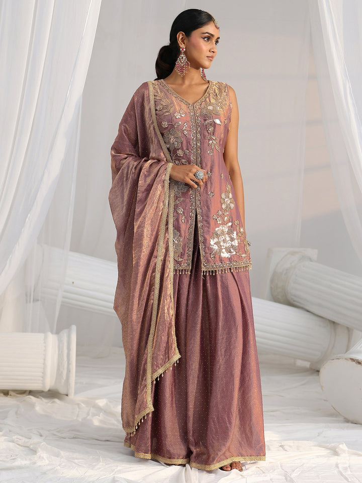 Libas Art Mauve Embellished Sleeveless Silk Blend Palazzo Suit Set