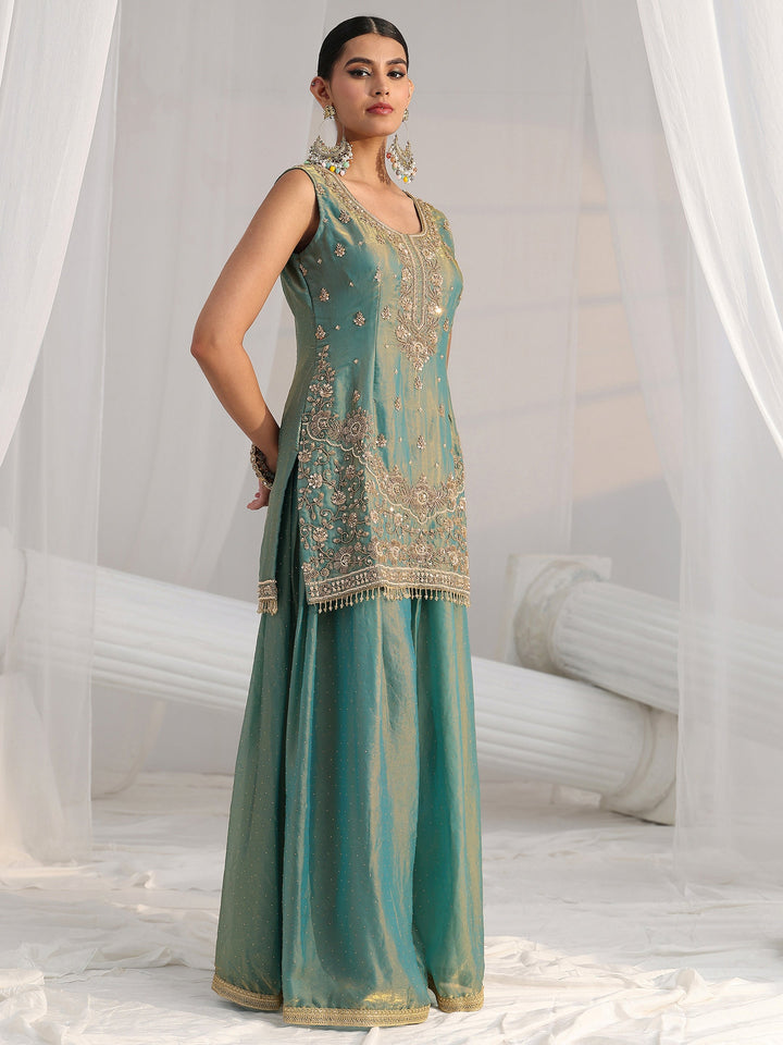 Libas Art Blue Embellished Sleeveless Silk Blend Palazzo Suit Set