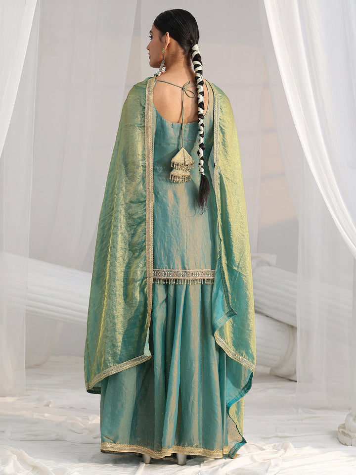 Libas Art Blue Embellished Sleeveless Silk Blend Palazzo Suit Set