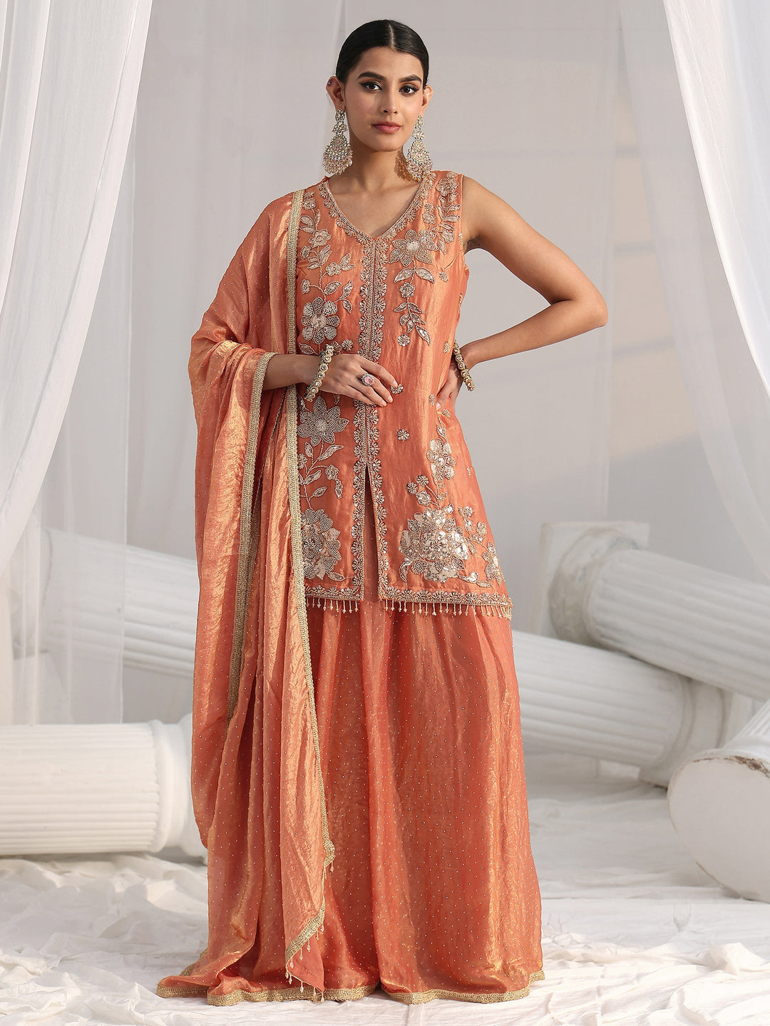 Libas Art Orange Floral Embellished Sleeveless Silk Blend Palazzo Suit Set