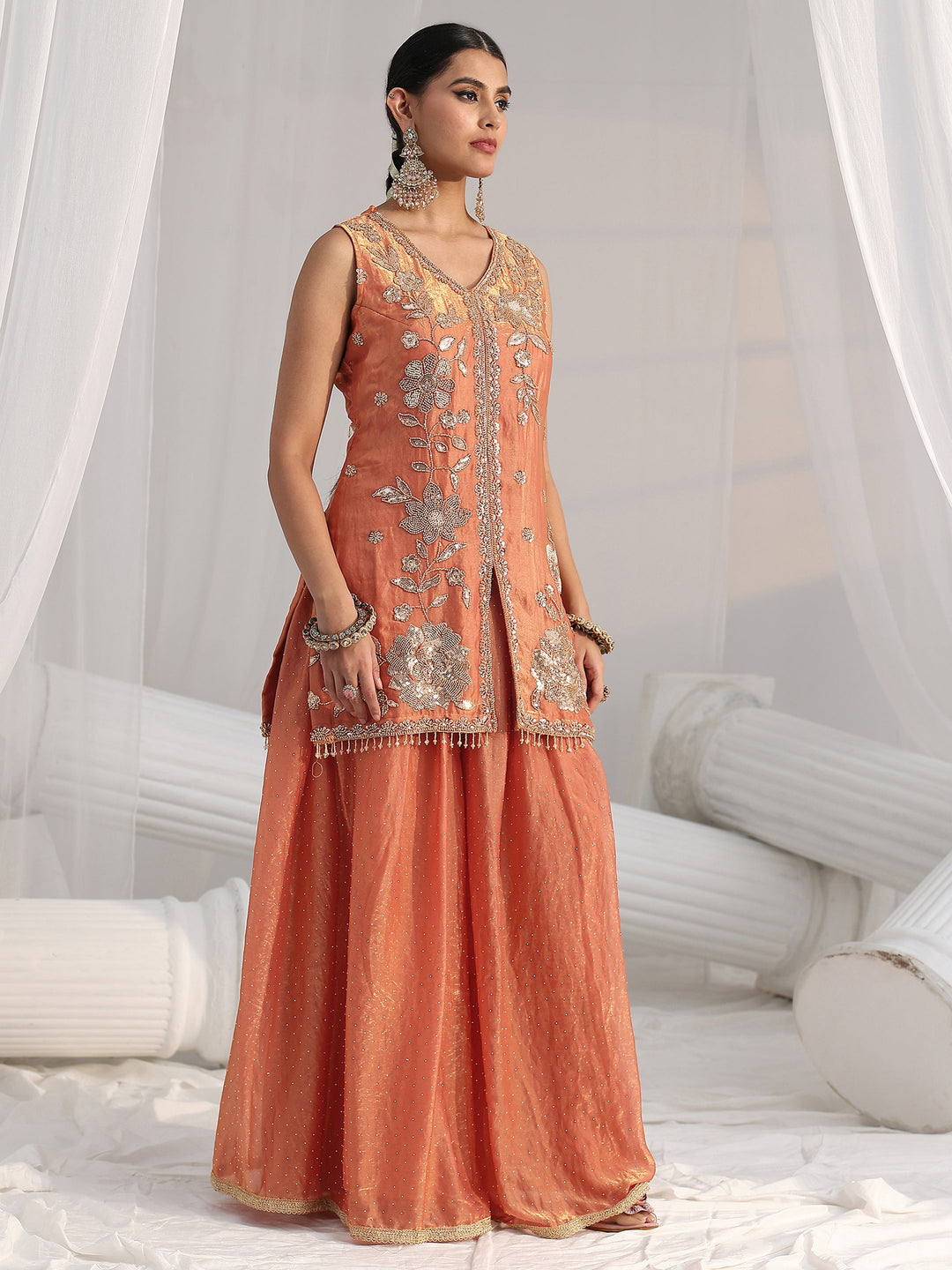 Libas Art Orange Floral Embellished Sleeveless Silk Blend Palazzo Suit Set