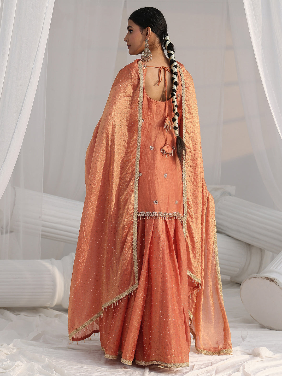 Libas Art Orange Floral Embellished Sleeveless Silk Blend Palazzo Suit Set