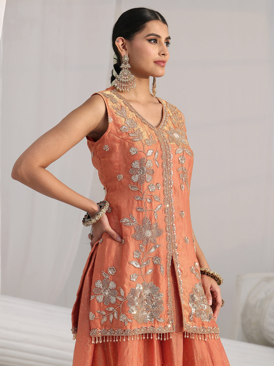 Libas Art Orange Floral Embellished Sleeveless Silk Blend Palazzo Suit Set