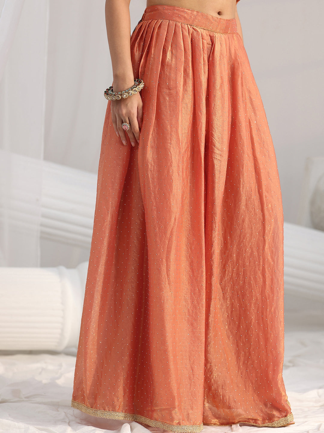 Libas Art Orange Floral Embellished Sleeveless Silk Blend Palazzo Suit Set