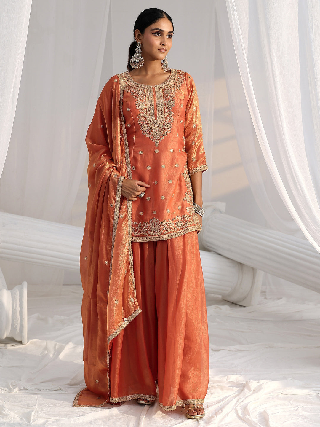 Libas Art Orange Embellished Silk Blend Palazzo Suit Set