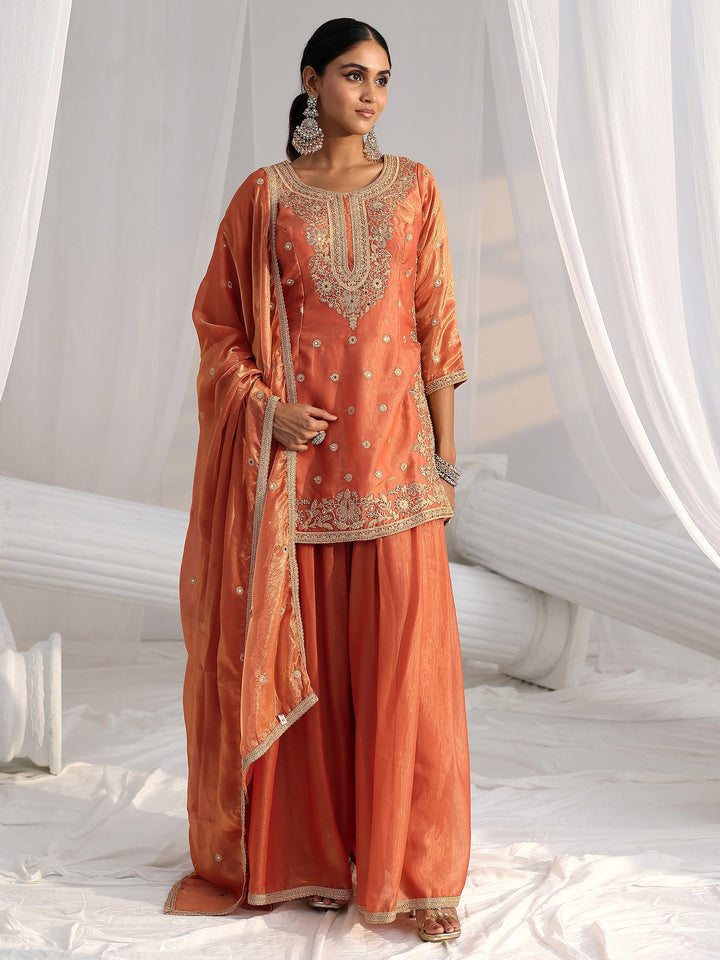 Libas Art Orange Embellished Silk Blend Palazzo Suit Set