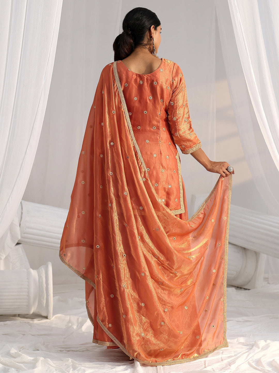 Libas Art Orange Embellished Silk Blend Palazzo Suit Set