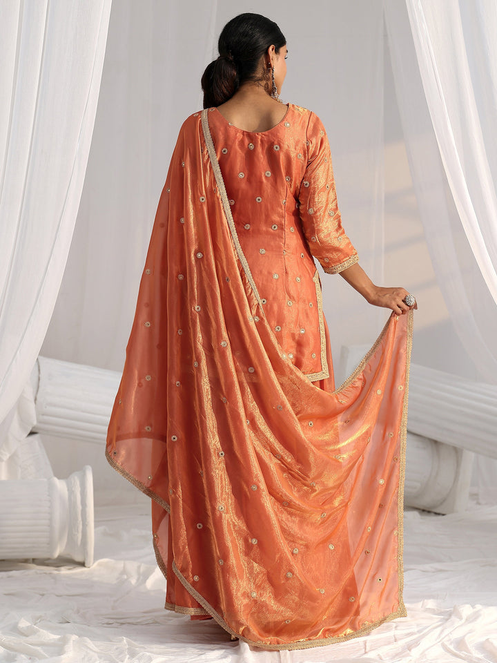 Libas Art Orange Embellished Silk Blend Palazzo Suit Set