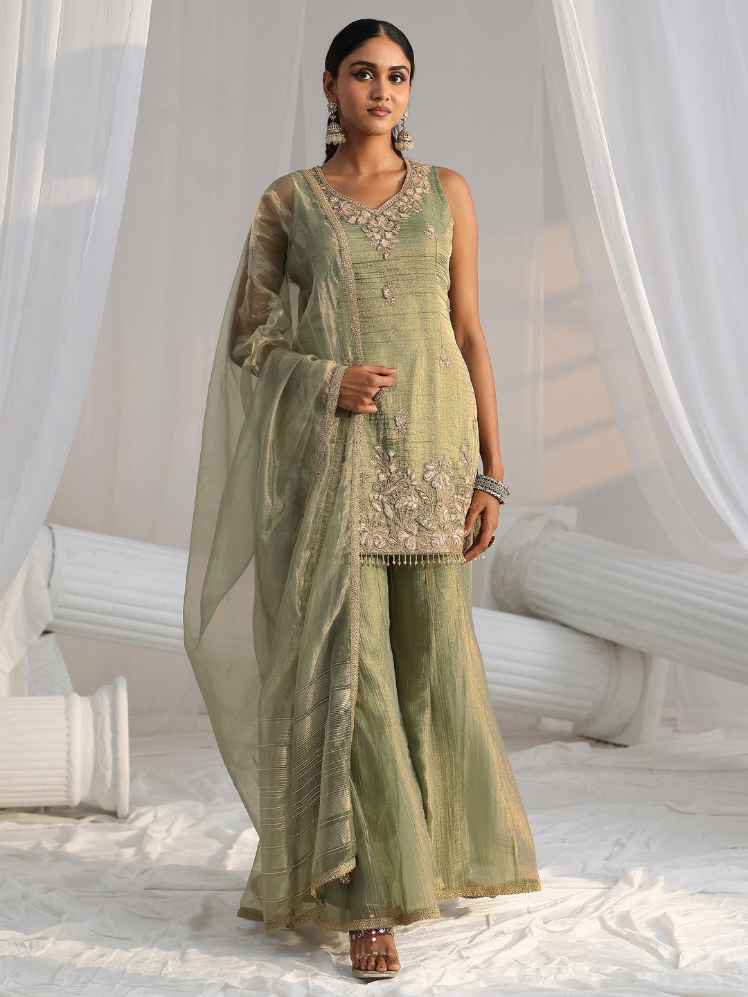 Libas Art Olive Green Embroidered Sleeveless Tissue Sharara Suit Set