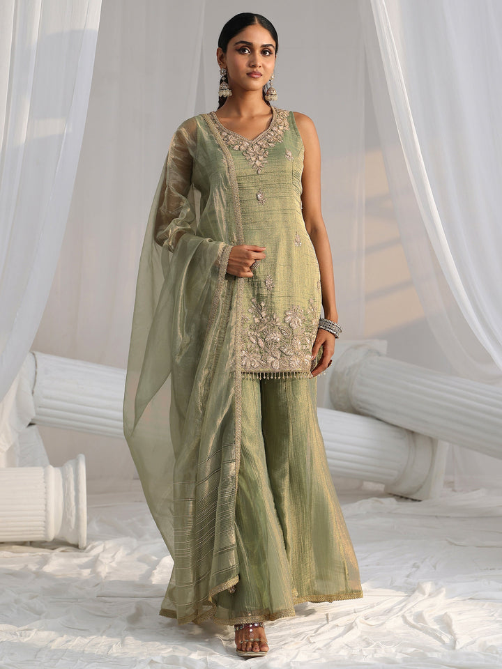 Libas Art Olive Green Embroidered Sleeveless Tissue Sharara Suit Set