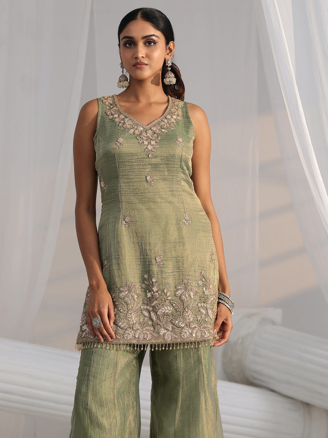 Libas Art Olive Green Embroidered Sleeveless Tissue Sharara Suit Set