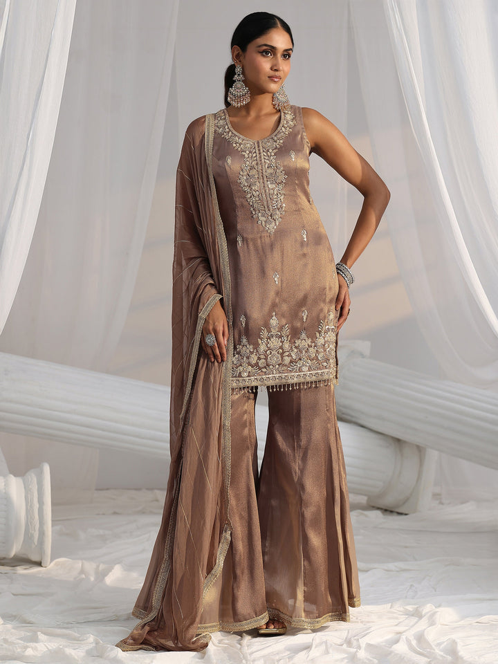 Libas Art Taupe Grey Embroidered Sleeveless Tissue Sharara Suit Set
