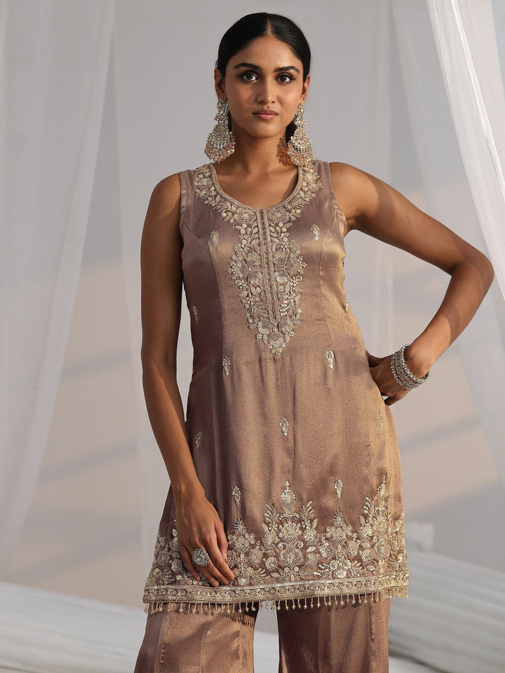 Libas Art Taupe Grey Embroidered Sleeveless Tissue Sharara Suit Set