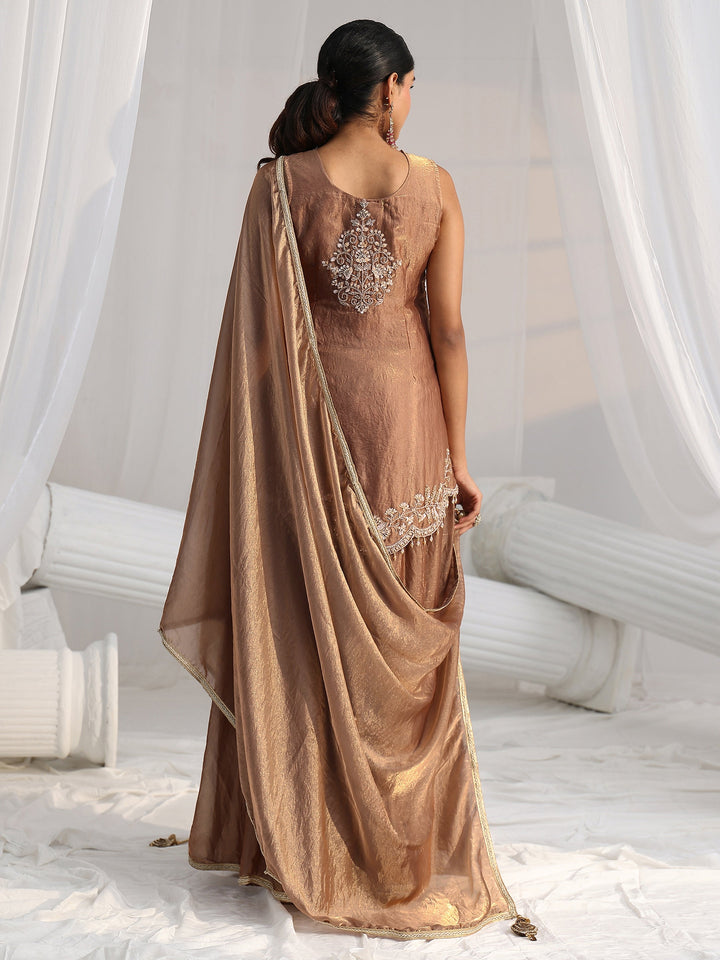 Libas Art Mocha Brown Floral Embellished Silk Blend Palazzo Suit Set