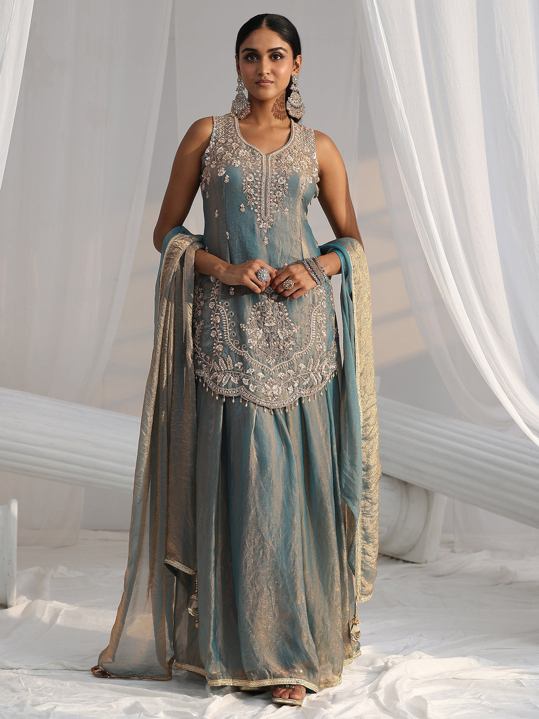 Libas Art Blue Floral Embroidered Sleeveless Silk Blend Palazzo Suit Set