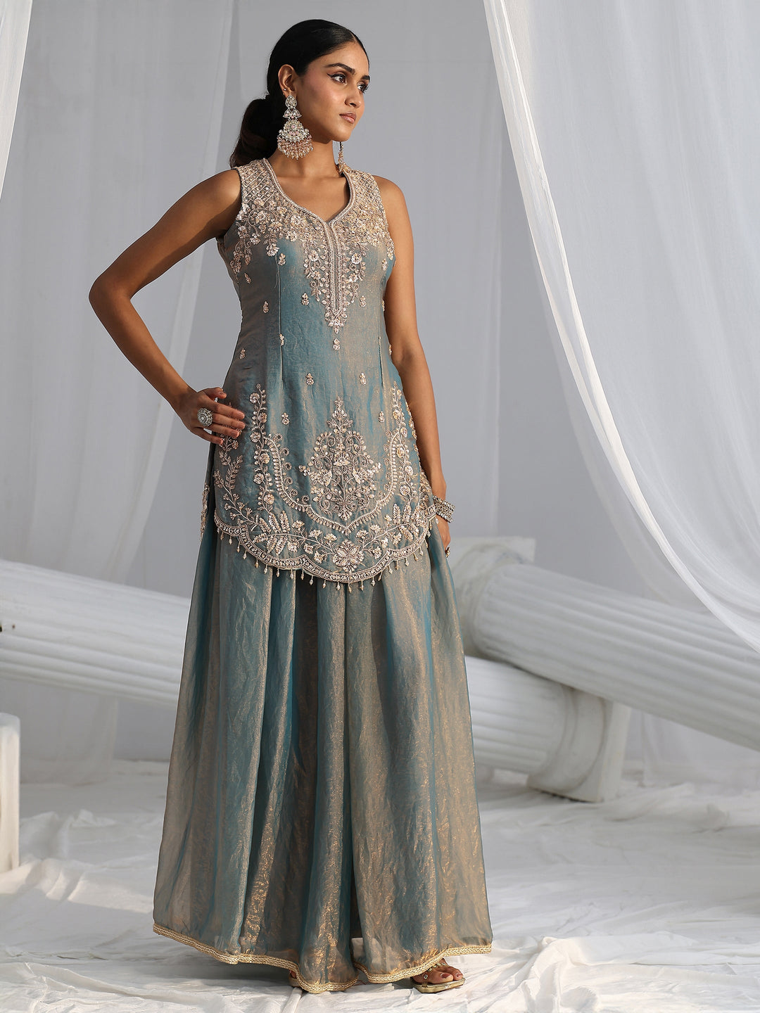 Libas Art Blue Floral Embroidered Sleeveless Silk Blend Palazzo Suit Set