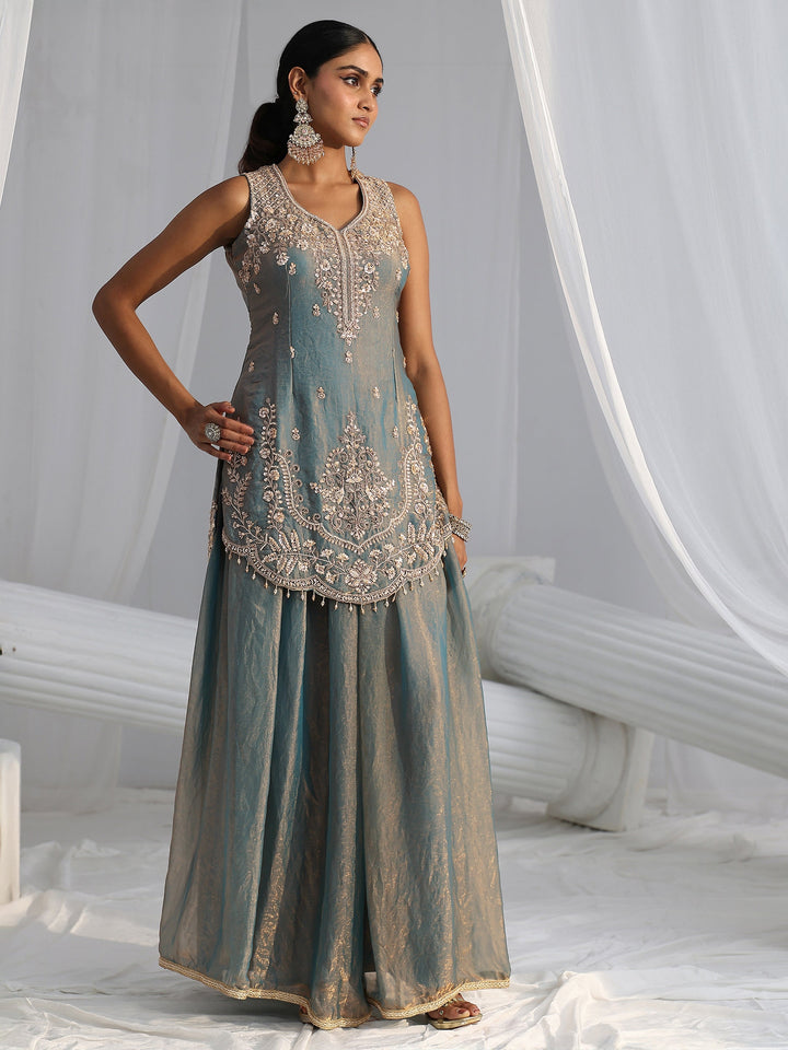 Libas Art Blue Floral Embroidered Sleeveless Silk Blend Palazzo Suit Set