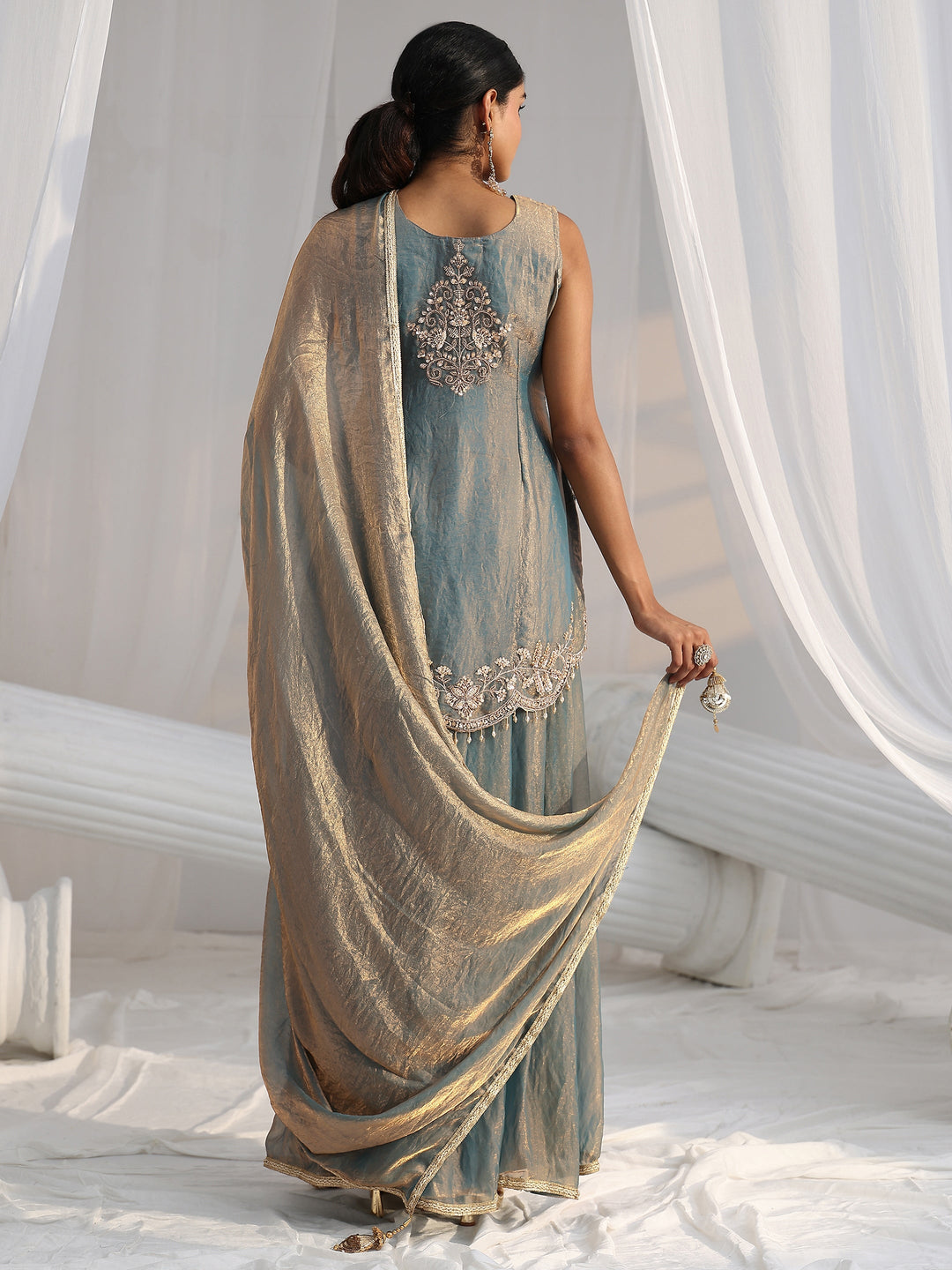 Libas Art Blue Floral Embroidered Sleeveless Silk Blend Palazzo Suit Set