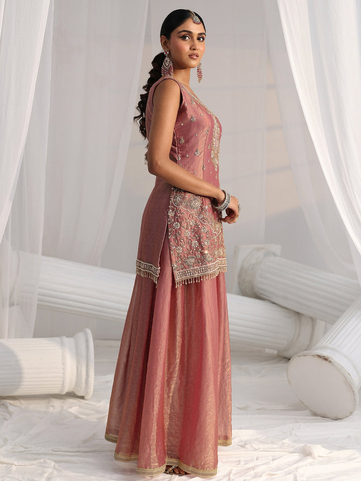 Libas Art Dusty Rose Pink Embellished Sleeveless Silk Blend Palazzo Suit Set