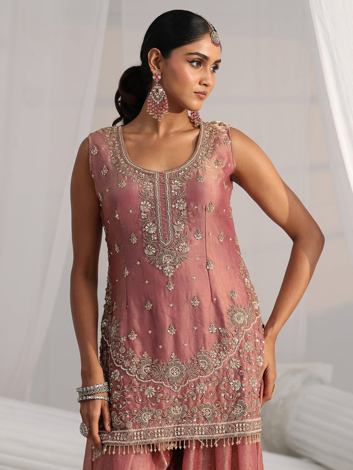 Libas Art Dusty Rose Pink Embellished Sleeveless Silk Blend Palazzo Suit Set