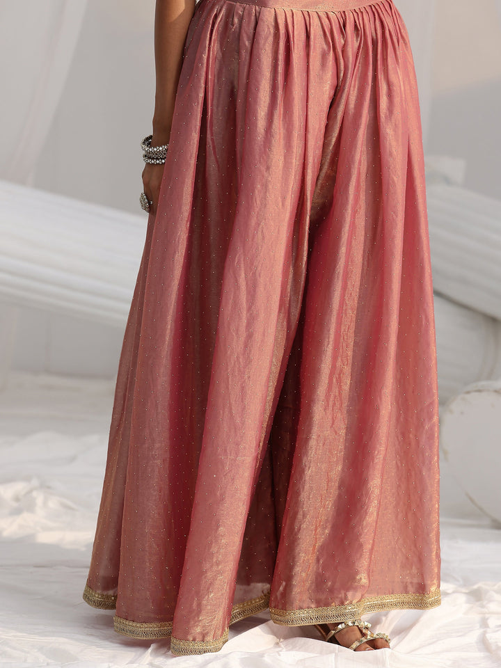 Libas Art Dusty Rose Pink Embellished Sleeveless Silk Blend Palazzo Suit Set
