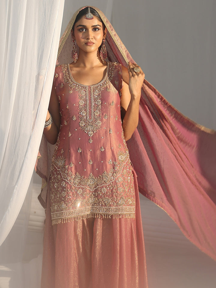 Libas Art Dusty Rose Pink Embellished Sleeveless Silk Blend Palazzo Suit Set