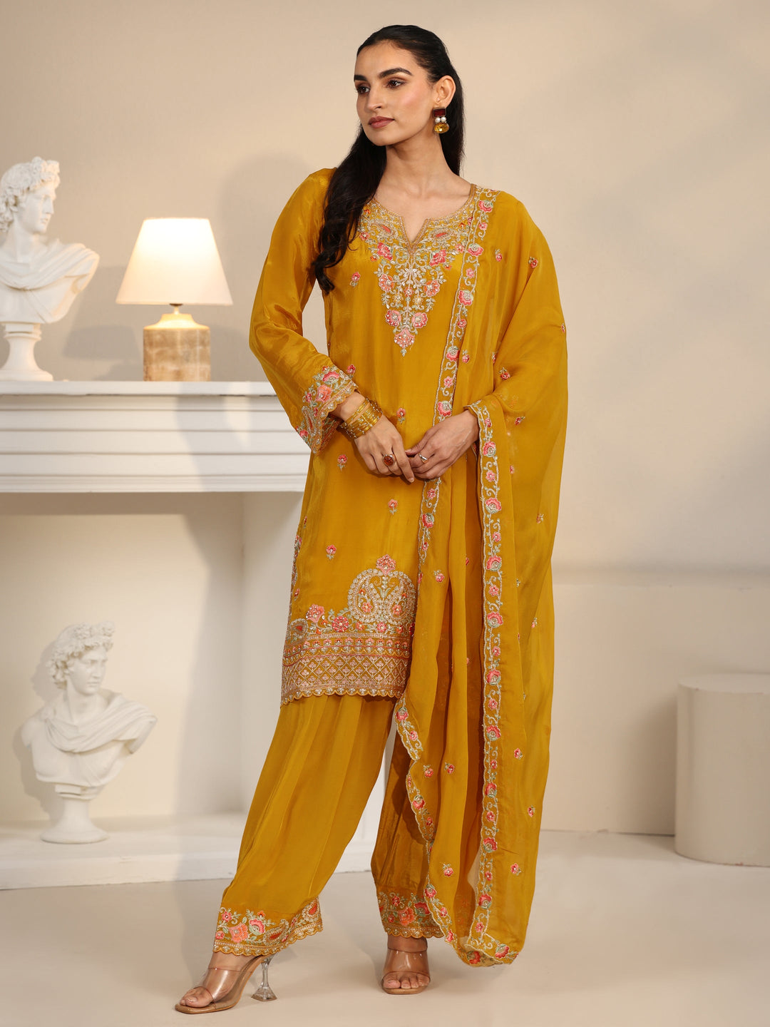 Libas Art Yellow Floral Embroidered Organza Straight Suit Set