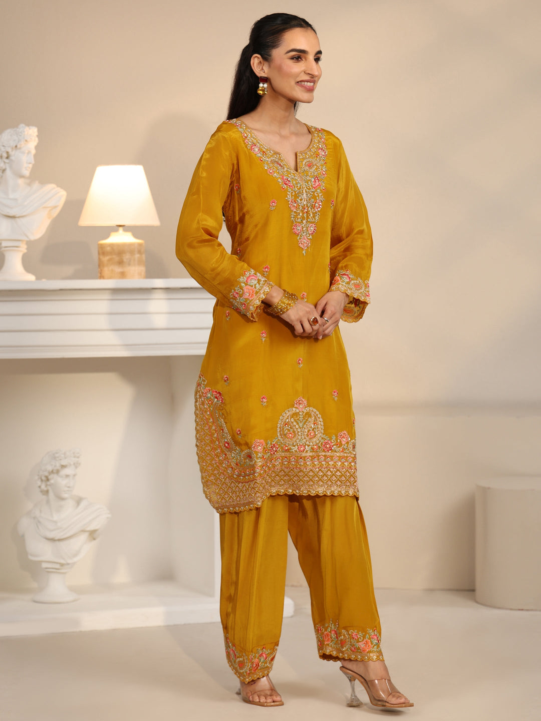 Libas Art Yellow Floral Embroidered Organza Straight Suit Set