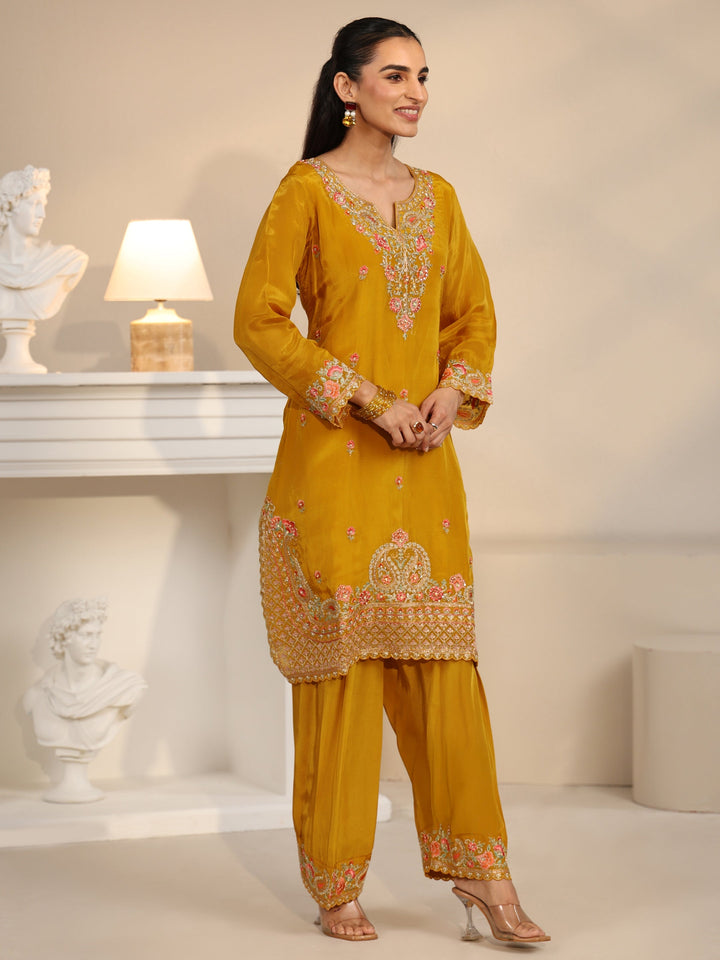 Libas Art Yellow Floral Embroidered Organza Straight Suit Set