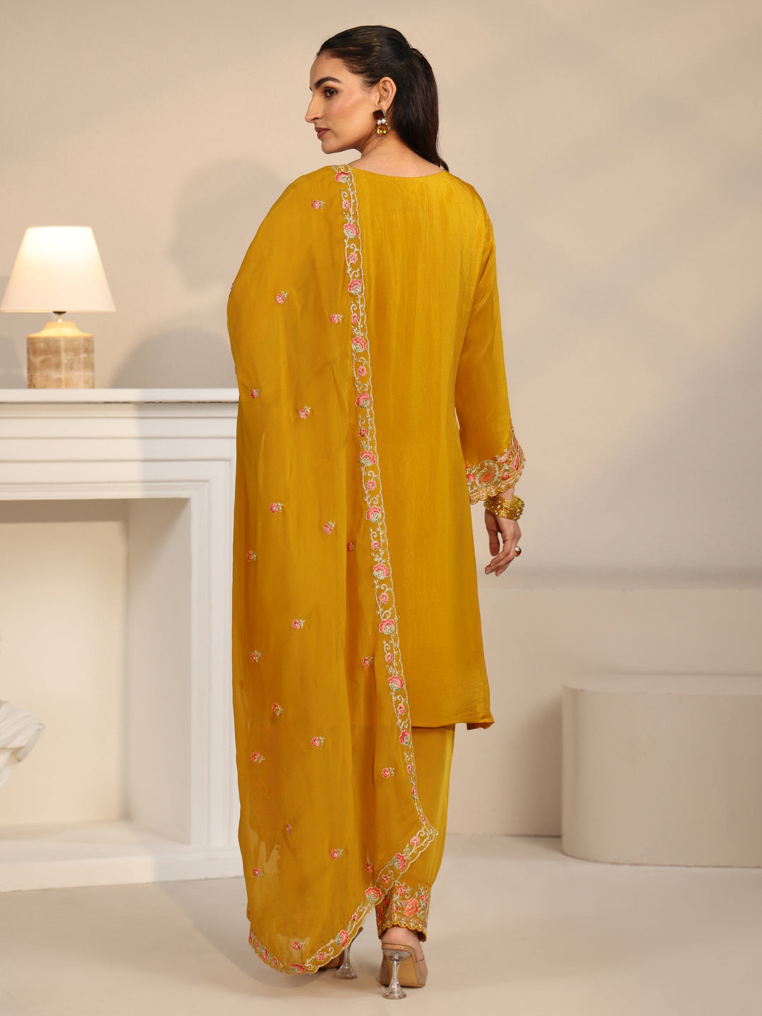 Libas Art Yellow Floral Embroidered Organza Straight Suit Set