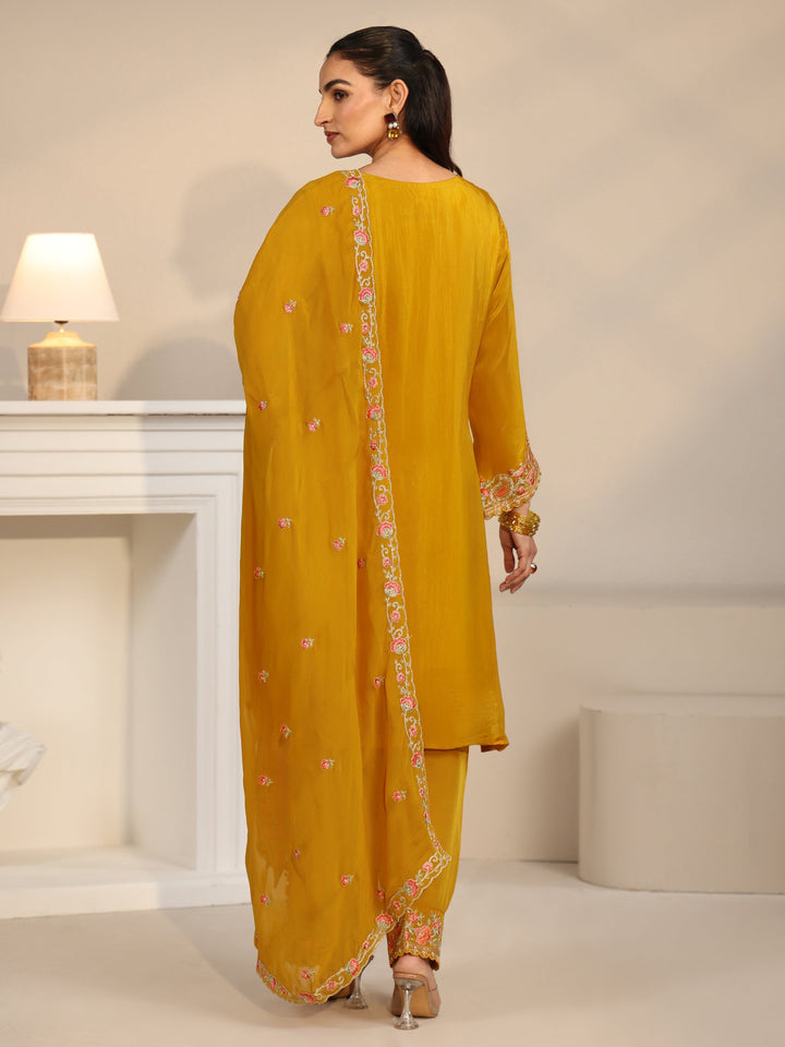Libas Art Yellow Floral Embroidered Organza Straight Suit Set