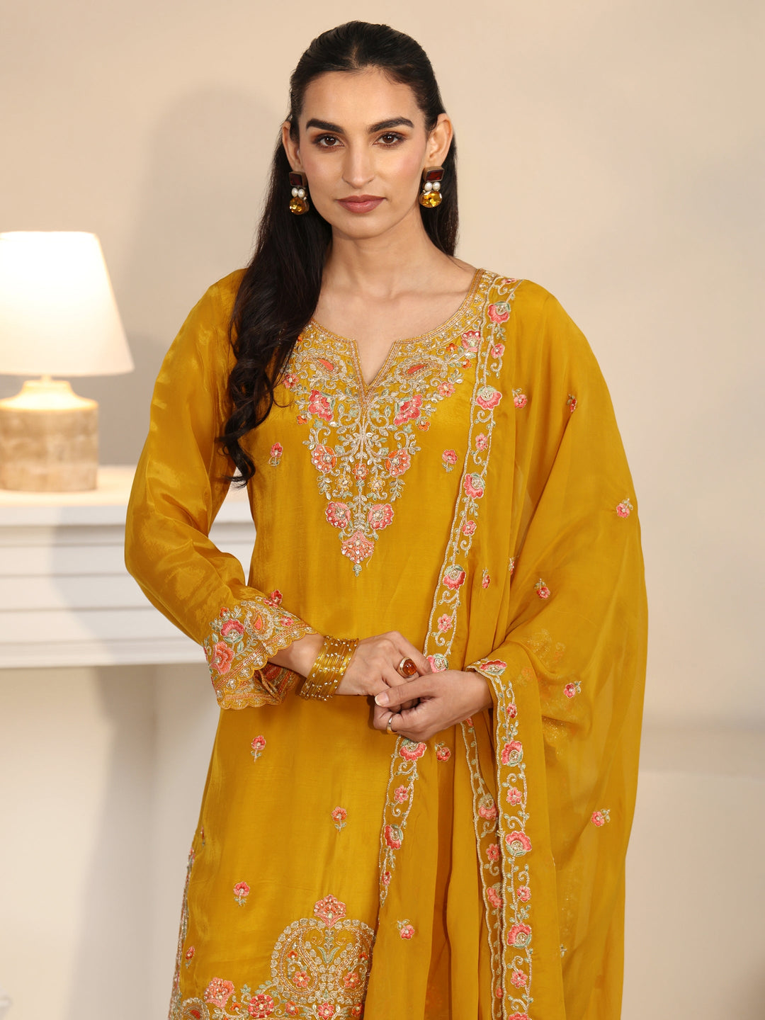 Libas Art Yellow Floral Embroidered Organza Straight Suit Set