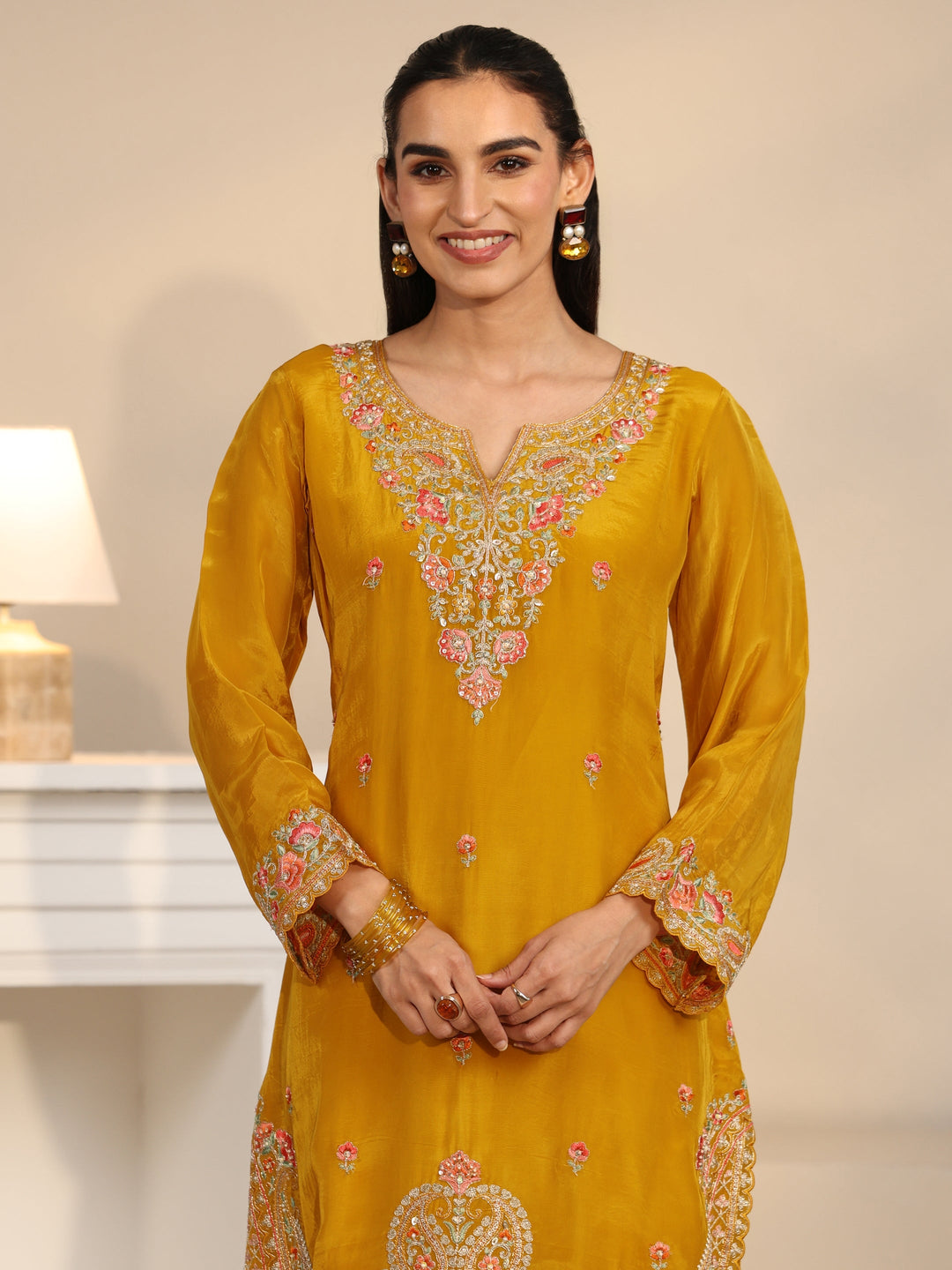 Libas Art Yellow Floral Embroidered Organza Straight Suit Set