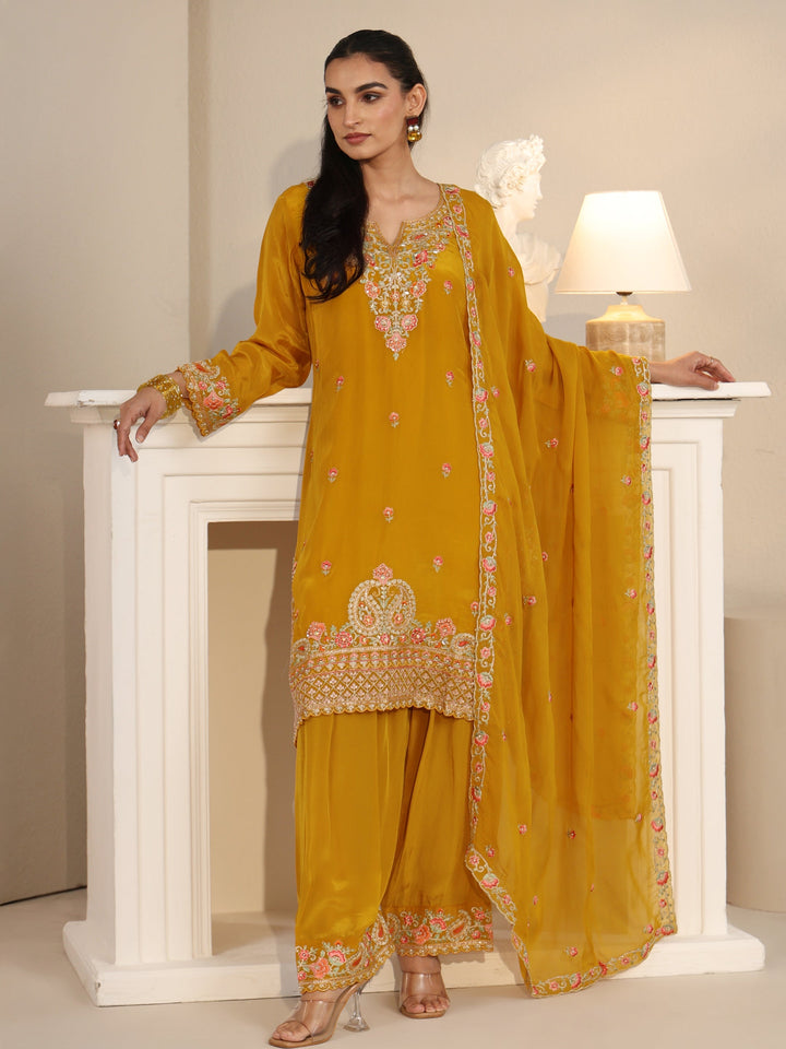 Libas Art Yellow Floral Embroidered Organza Straight Suit Set